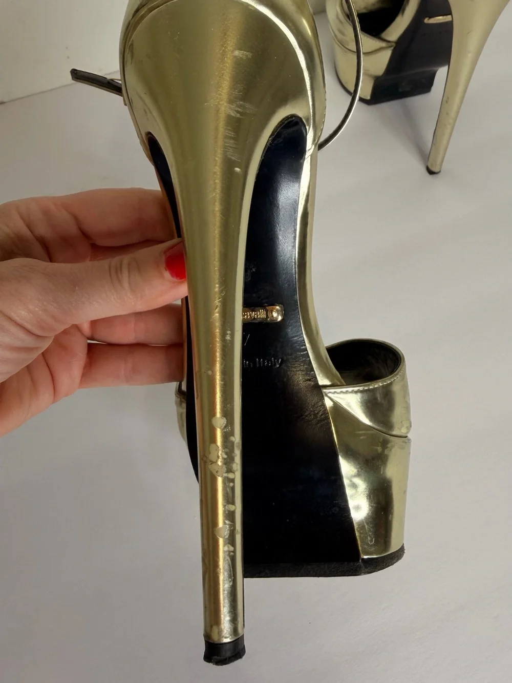 Roberto Cavalli Metallic Gold Platform Stiletto Sandals with Ankle Strap